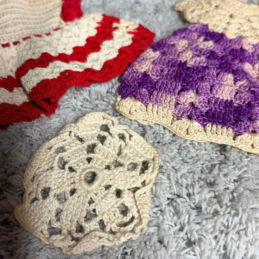 Lot of 2 Vintage Cotton Hand Crocheted Pot Holder/ Dresses Red- Purple READ